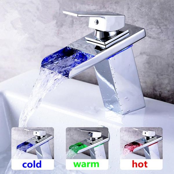 bathroom sink faucets waterfall led faucet. light brass basin mixer tap deck mounted tap.